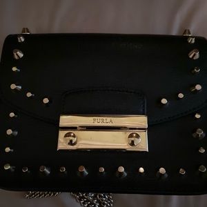 Furla Leather Suede Studed Crossbody/Clutch - Black - Small